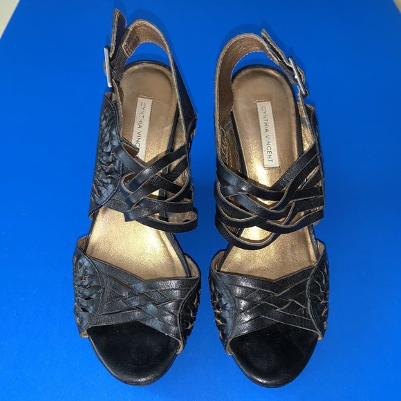 CYNTHIA VINCENT Black Braided Wedge Platform Slingback Shoes Size 6 - Picture 4 of 6
